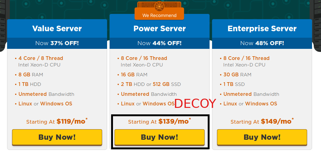 Web hosting plans: Value Server from $119 a month, Power Server from $139 (recommended, marked "Decoy") and Enterprise Server from $149