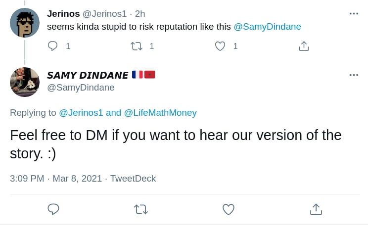Samy Dindande Hypefury asking people to DM him