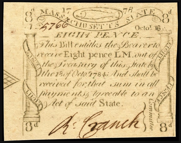An eight pence note in Massachusetts state currency