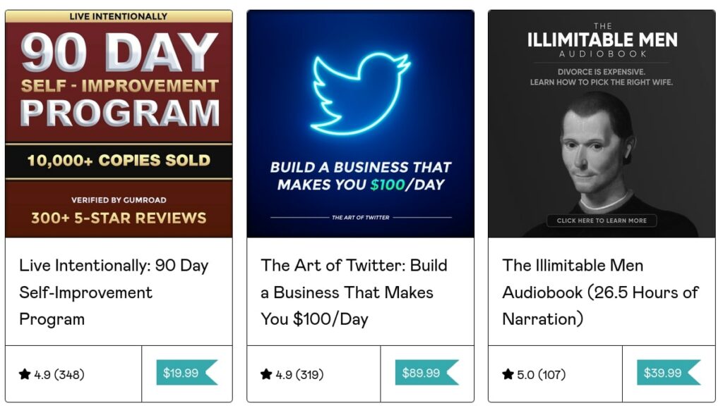 LMM products with their ratings: Live Intentionally: 90 Day Self-Improvement Program (4.9, $19.99), The Art of Twitter (4.9, $89.99) and the Illimitable Men Audiobook (5.0, $39.99)