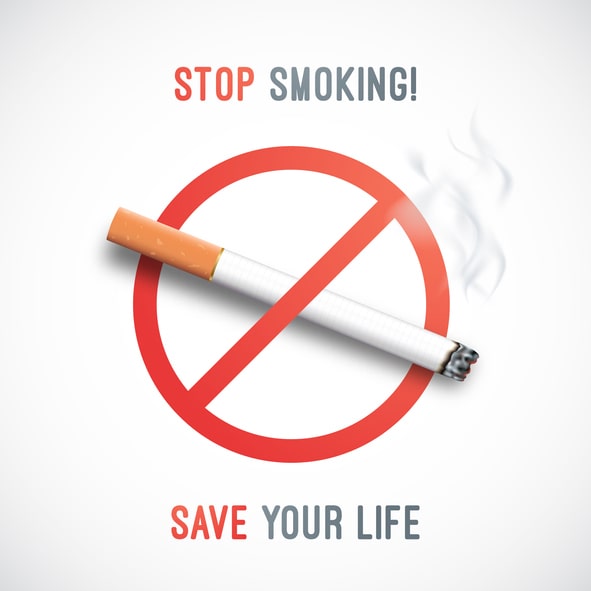 Graphic of a cigarette inside a no-smoking sign: "Stop smoking! Save your life"