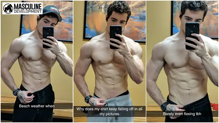 Three mirror selfies of a lean, muscular shirtless man, captioned "Beach weather when", "Why does my shirt keep falling off in all my pictures" and "Barely even flexing tbh"; Masculine Development logo in the corner