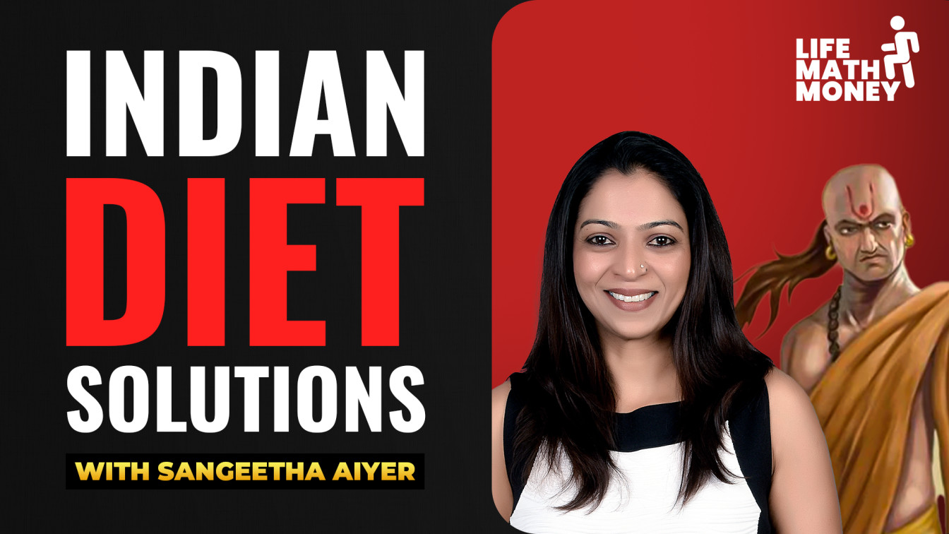 Podcast banner "Indian Diet Solutions with Sangeetha Aiyer", with her photo and a painting of Chanakya