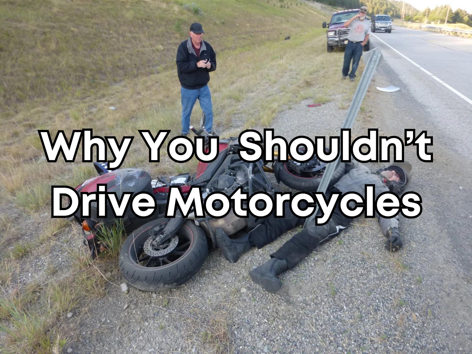 Motorcycle crash at a roadside: a rider lies beside his fallen bike while another man looks on