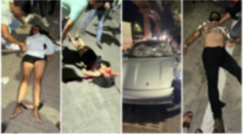 Photos from a crash: two motorcycle victims on the road and a damaged silver car