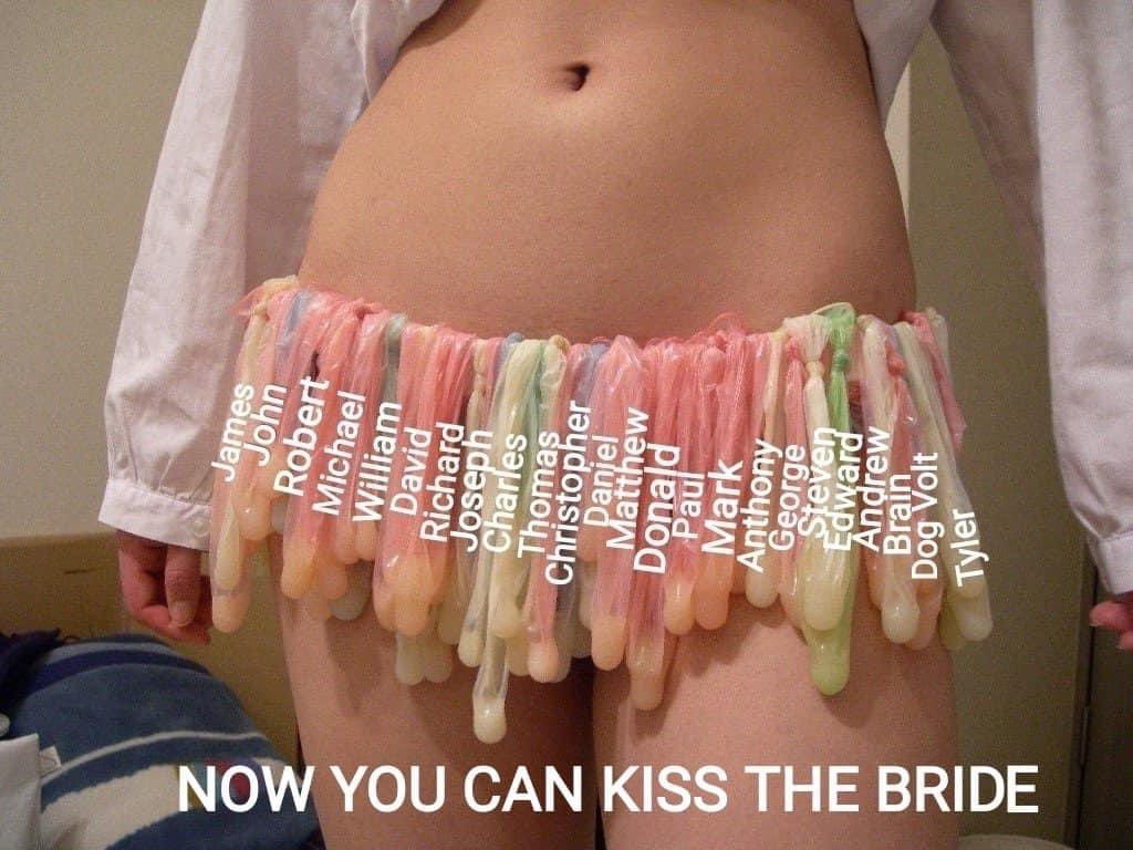Meme of a woman's waist wearing a skirt of used condoms, each labelled with a man's name: "Now you can kiss the bride"